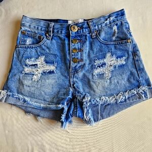 One by One Teaspoon Cuffed Distressed Button Fly Denim Women's Shorts, Size 26